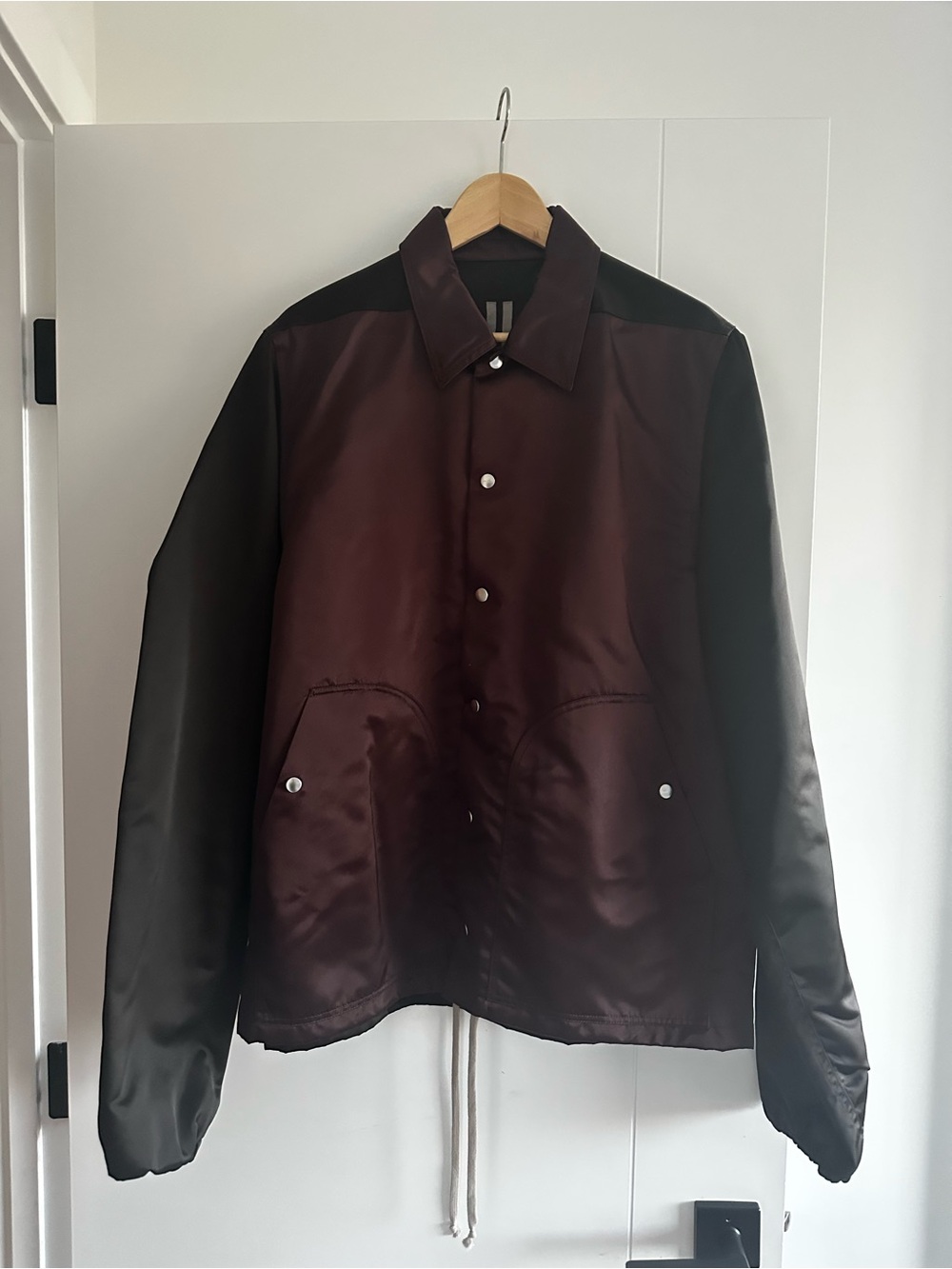 Rick Owens Two-Tone Satin Bomber Jacket in Burgundy and Black